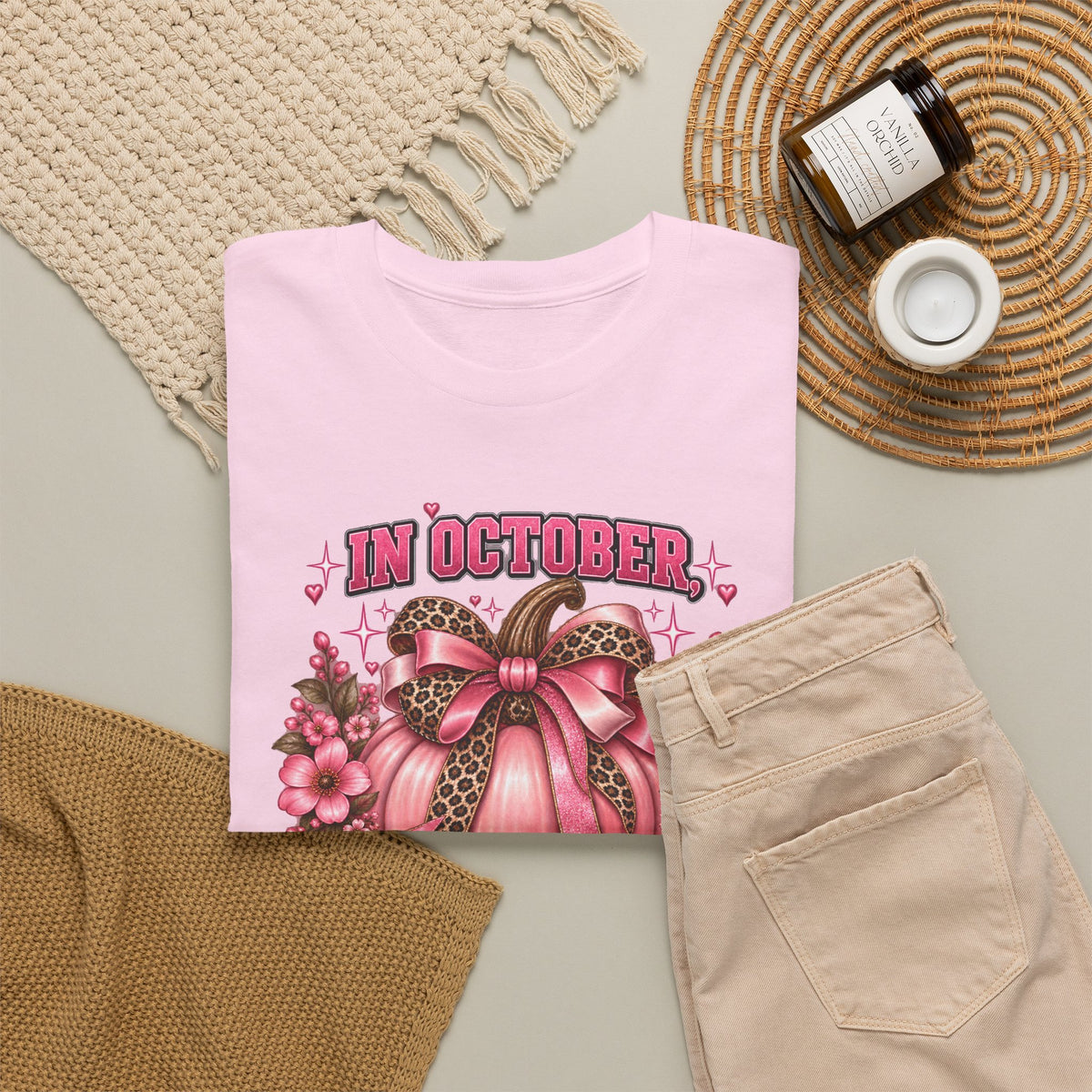 Breast Cancer Awareness T-Shirt — "In October We Wear Pink" Pumpkin Design