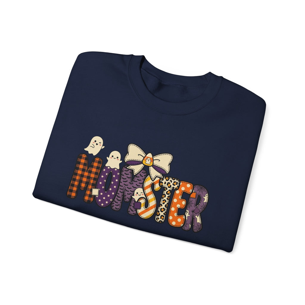 Momster Halloween Sweater | Momster Crewneck Sweatshirt, Halloween mom, purple orange spooky lettering