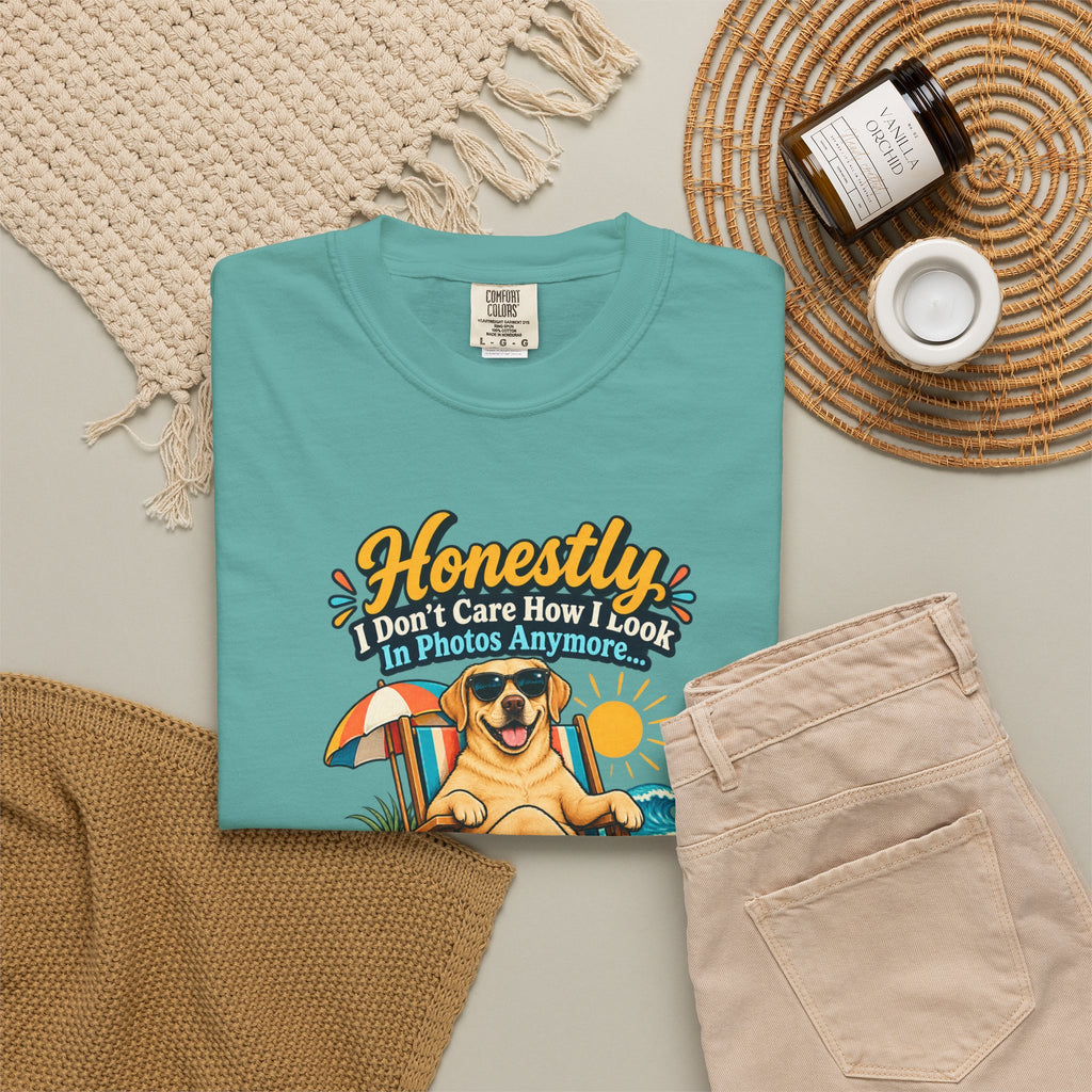 Honestly I Don’t Care How I Look In Photos Anymore T-Shirt — Funny Beach Dog Graphic Tee