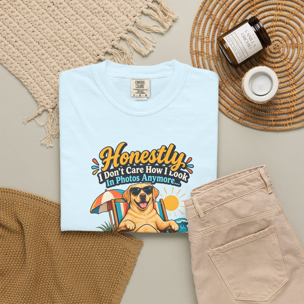 Honestly I Don’t Care How I Look In Photos Anymore T-Shirt — Funny Beach Dog Graphic Tee