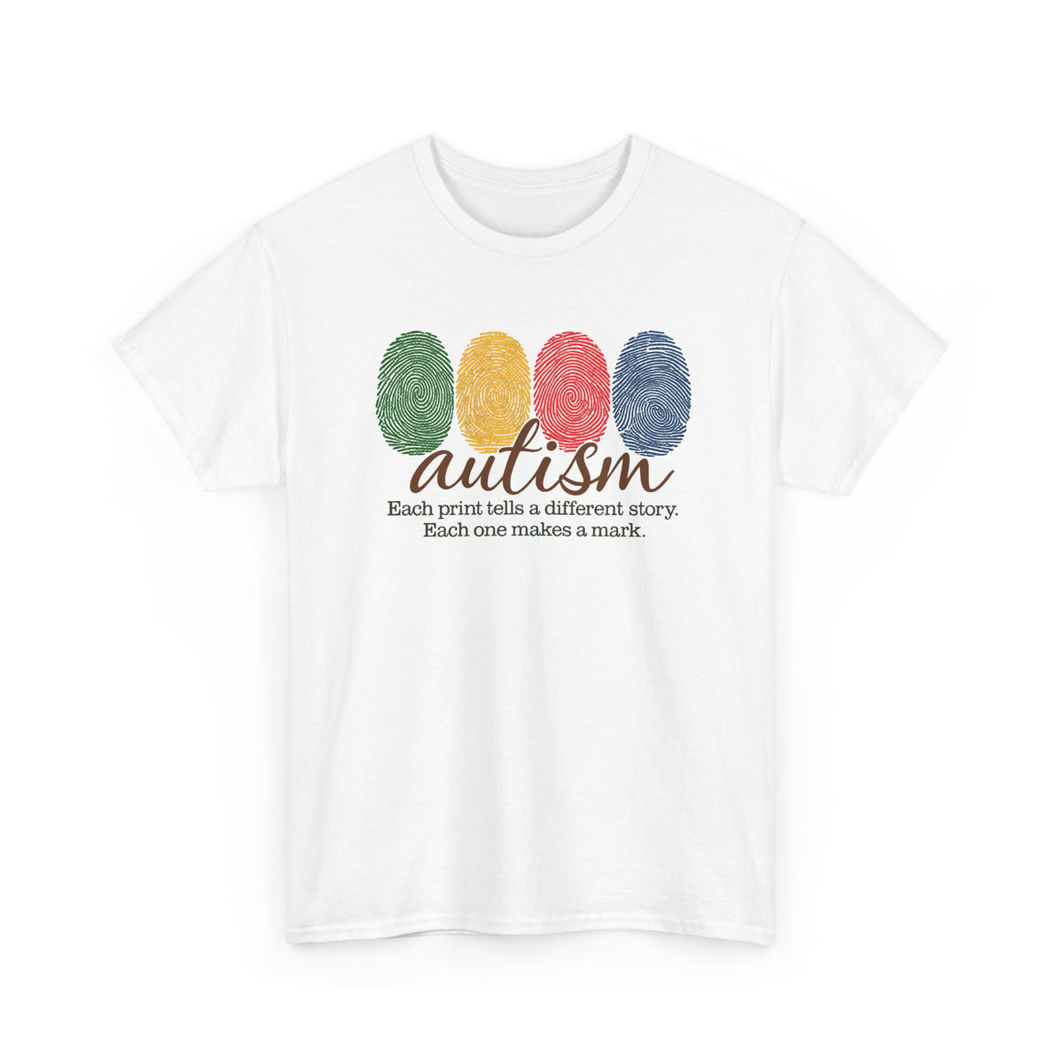 Autism Awareness T-Shirt — "Each Print Tells a Different Story" Colorful Fingerprint Tee