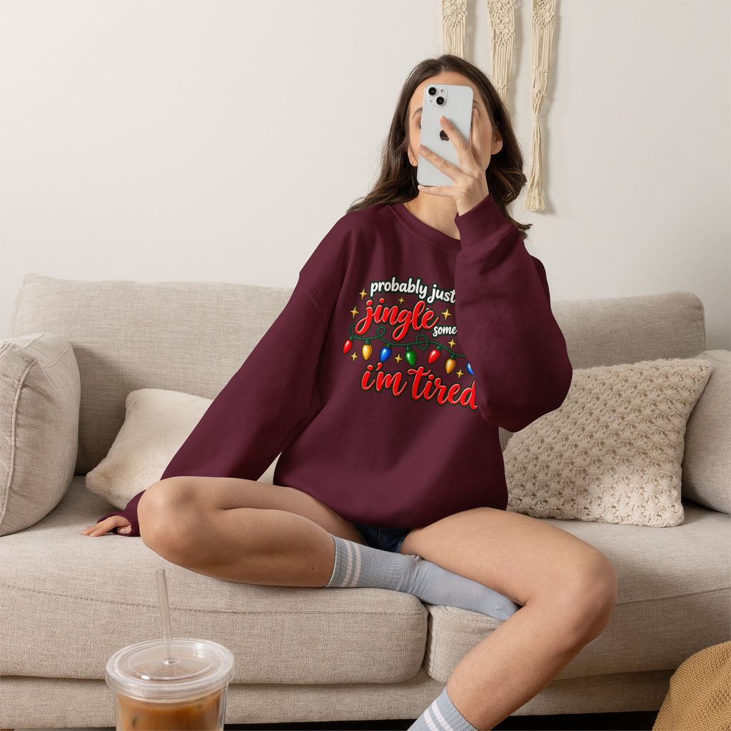 Crewneck Sweatshirt - "Probably Just Gonna Jingle Some of the Way I'm Tired" Christmas Lights Graphic