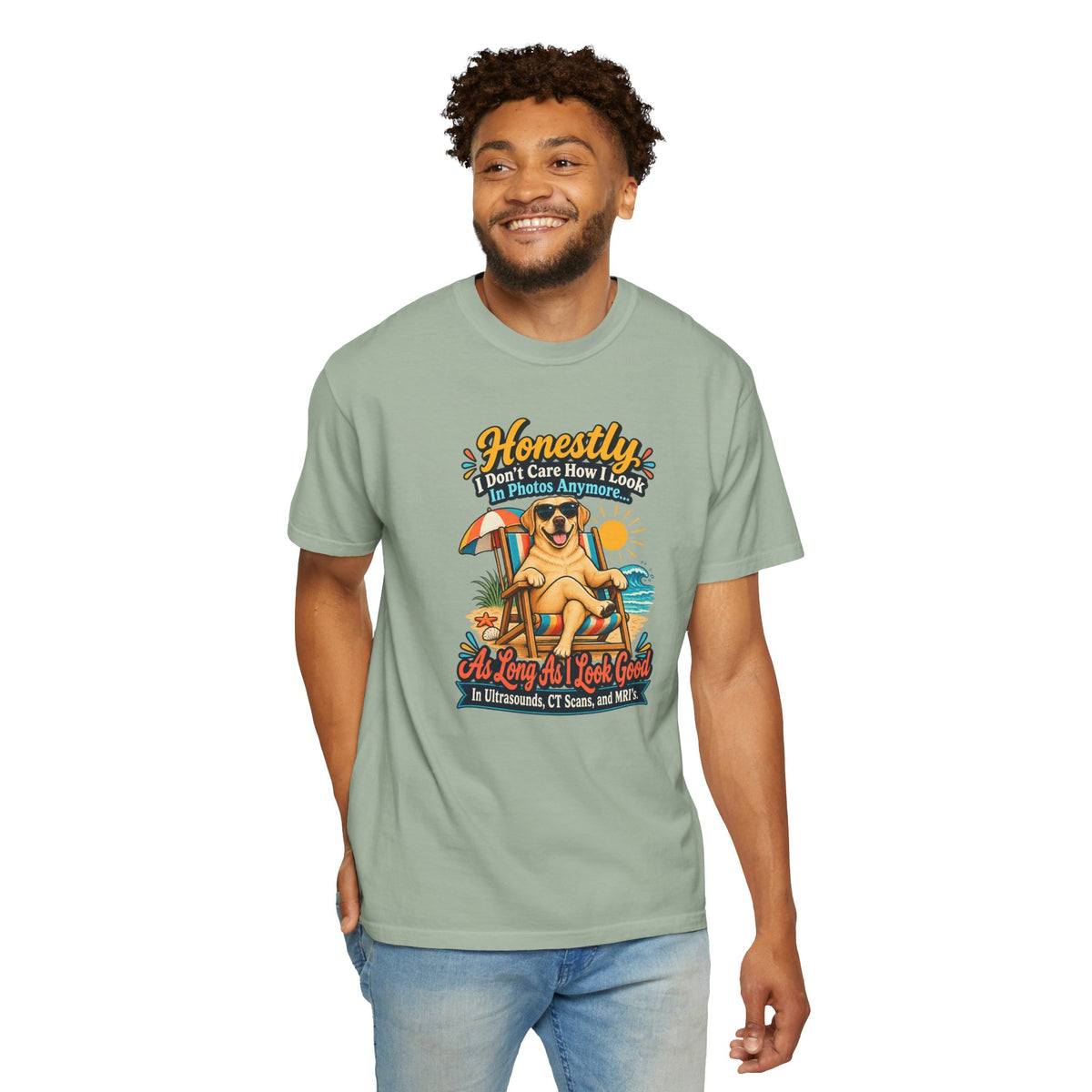 Honestly I Don’t Care How I Look In Photos Anymore T-Shirt — Funny Beach Dog Graphic Tee