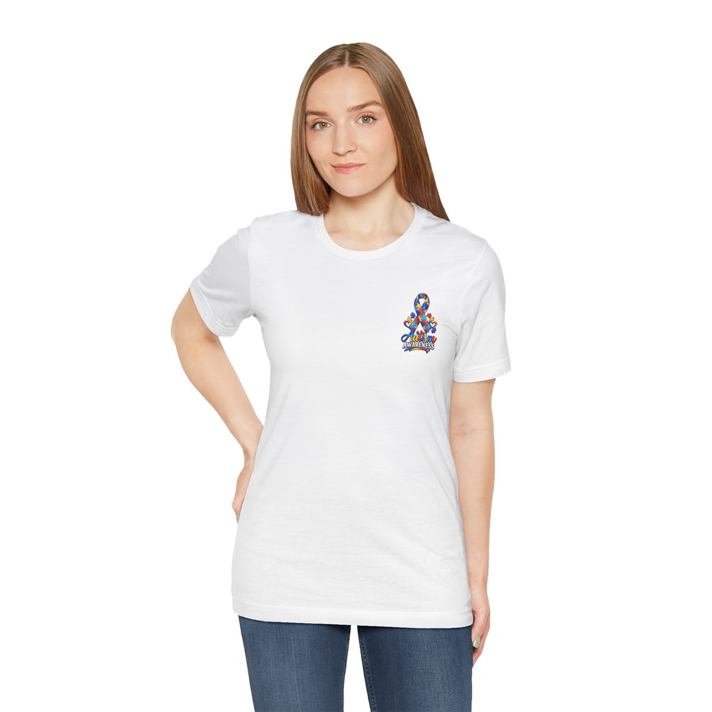 Autism Awareness Ribbon Chest Tee — 'Different, Not Less' Short Sleeve T-Shirt