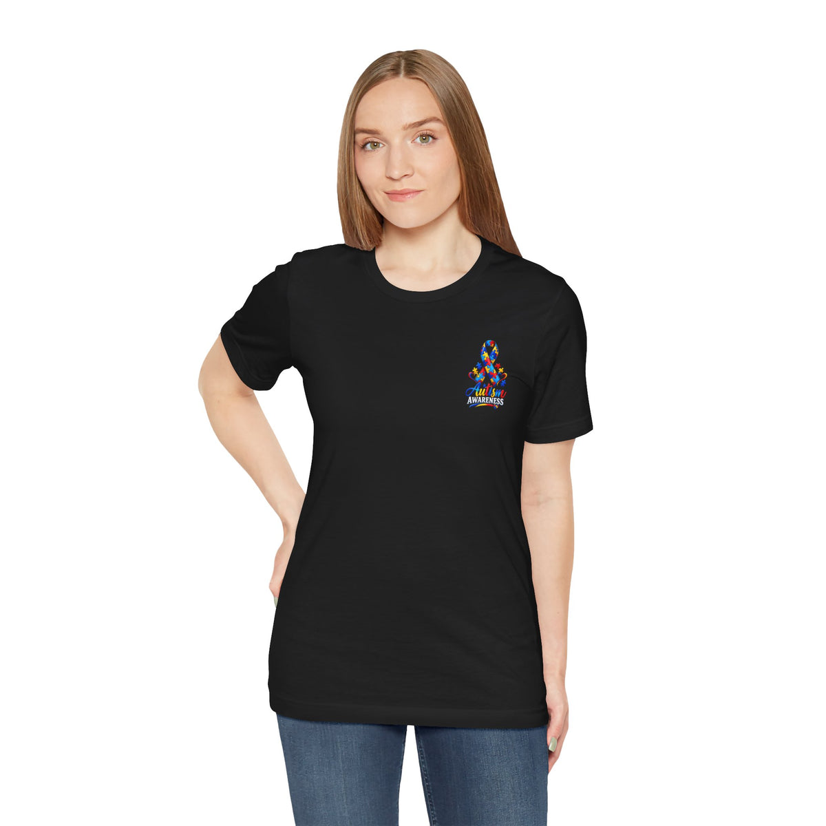 Autism Awareness Ribbon Chest Tee — 'Different, Not Less' Short Sleeve T-Shirt