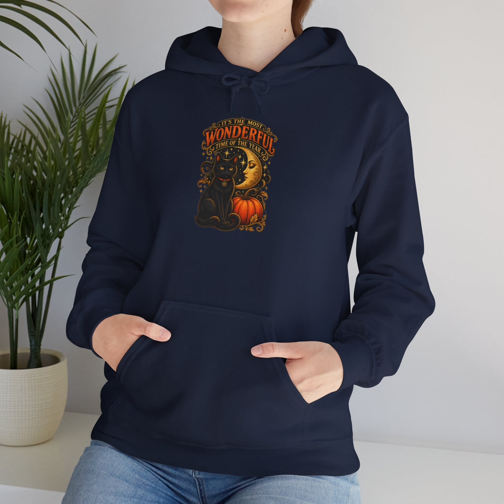 Halloween Black Cat Moon Hoodie – Vintage Pumpkin & Crescent Moon Fall Sweatshirt
