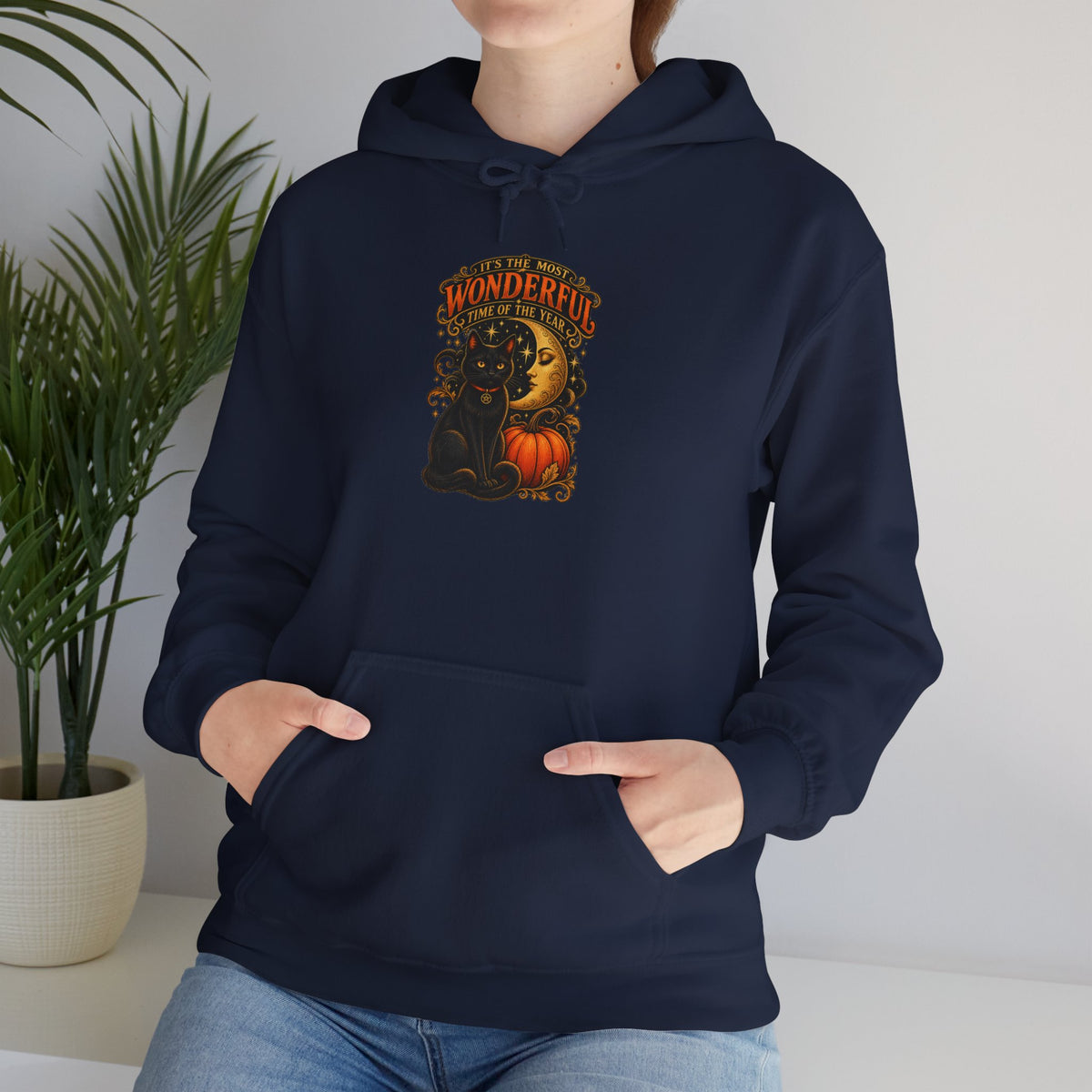 Halloween Black Cat Moon Hoodie – Vintage Pumpkin & Crescent Moon Fall Sweatshirt