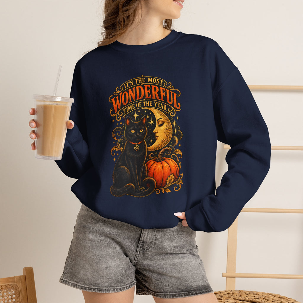 Vintage Halloween Sweatshirt - "It's the Most Wonderful Time of the Year" Black Cat & Moon Design
