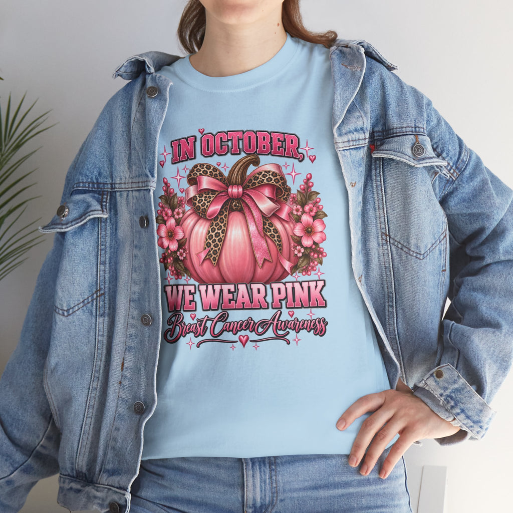 Breast Cancer Awareness T-Shirt — "In October We Wear Pink" Pumpkin Design