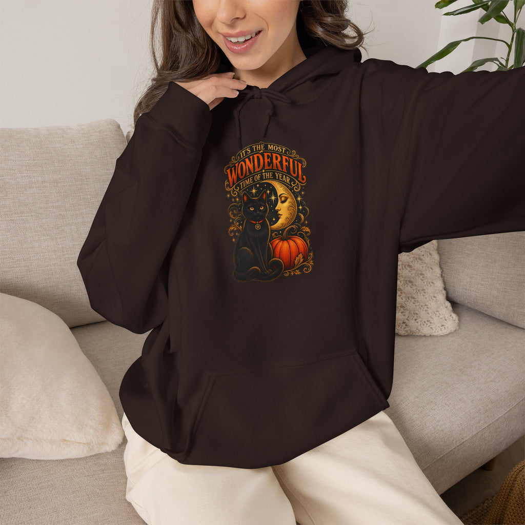 Halloween Black Cat Moon Hoodie – Vintage Pumpkin & Crescent Moon Fall Sweatshirt