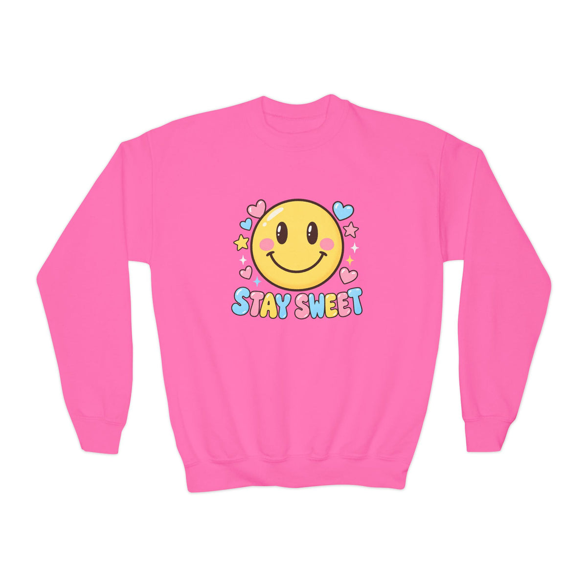Youth Crewneck Sweatshirt — Cute Smiley "Stay Sweet" Graphic, Kids Cozy Pullover