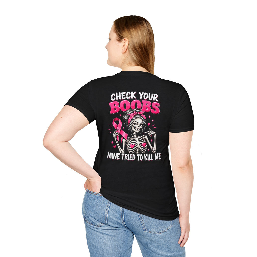 Breast Cancer Awareness T-Shirt — “Check Your Boobs, Mine Tried to Kill Me” Graphic Tee