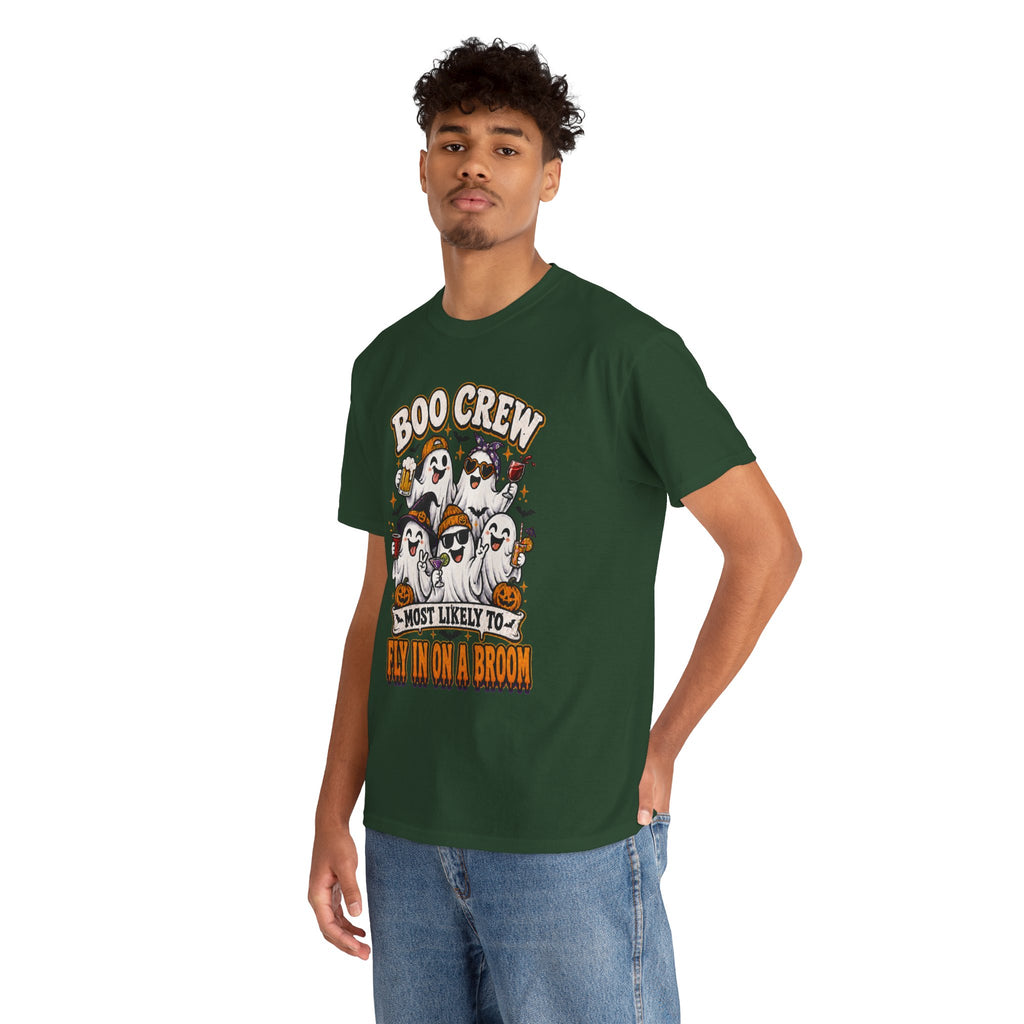 Boo Crew T-Shirt — “Most Likely to Fly on a Broom” Halloween Ghost Tee