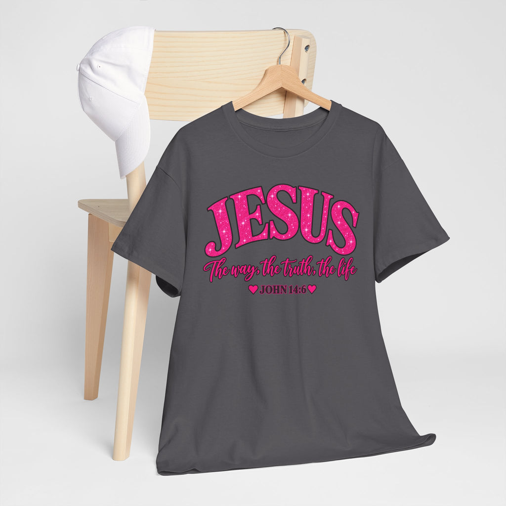 Christian T-Shirt — "JESUS The way, the truth, the life" (John 14:6) Pink Vintage Script