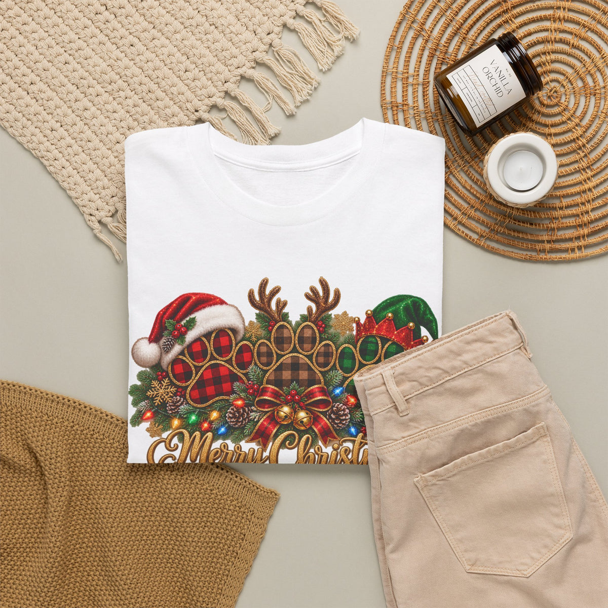 Merry Christmas Paw Prints Holiday Graphic Tee