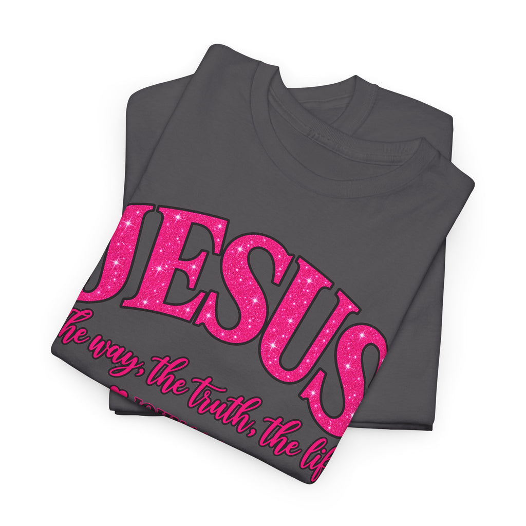 Christian T-Shirt — "JESUS The way, the truth, the life" (John 14:6) Pink Vintage Script