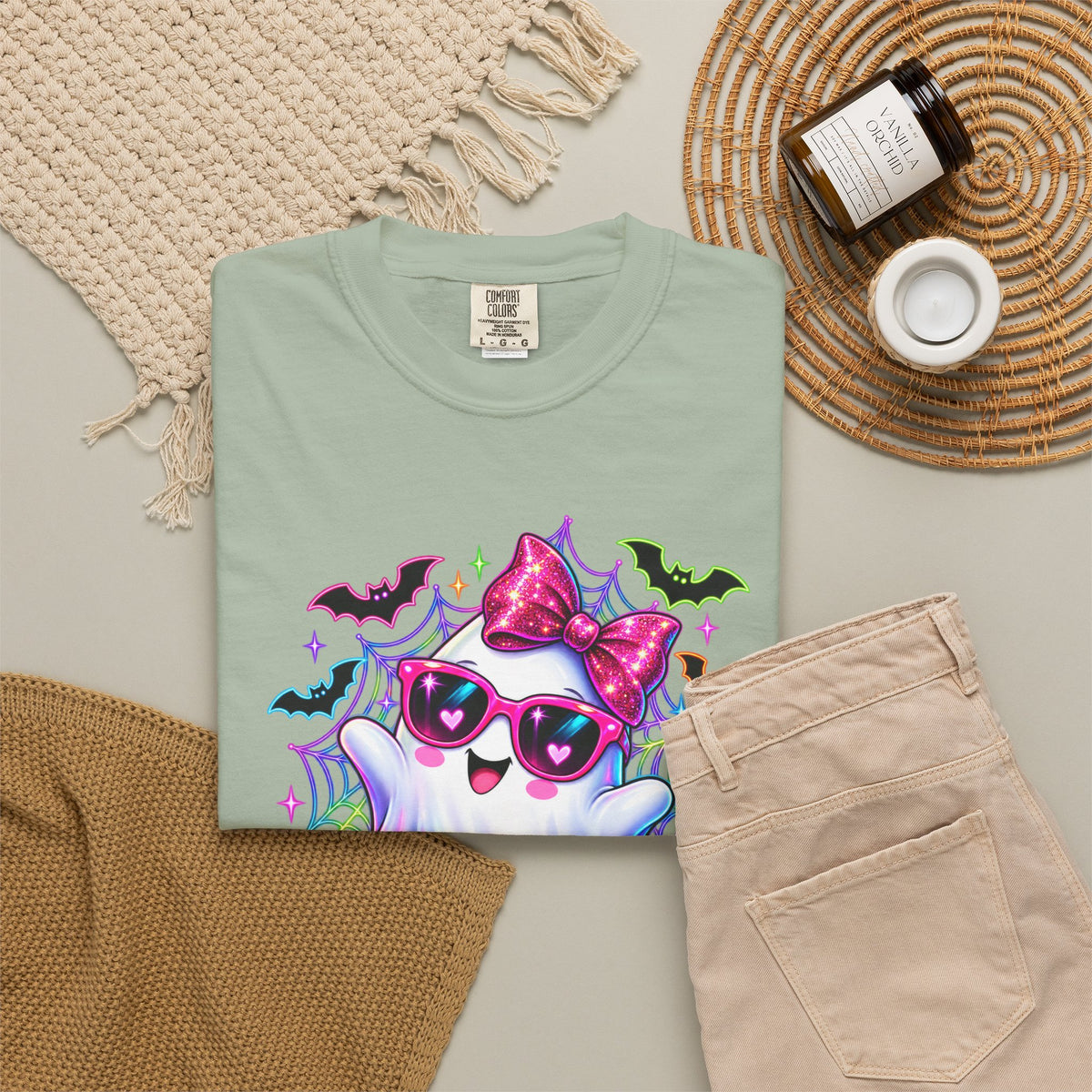 Cute Halloween Ghost T-Shirt — Pink Bow Ghost with Sunglasses & Pumpkins