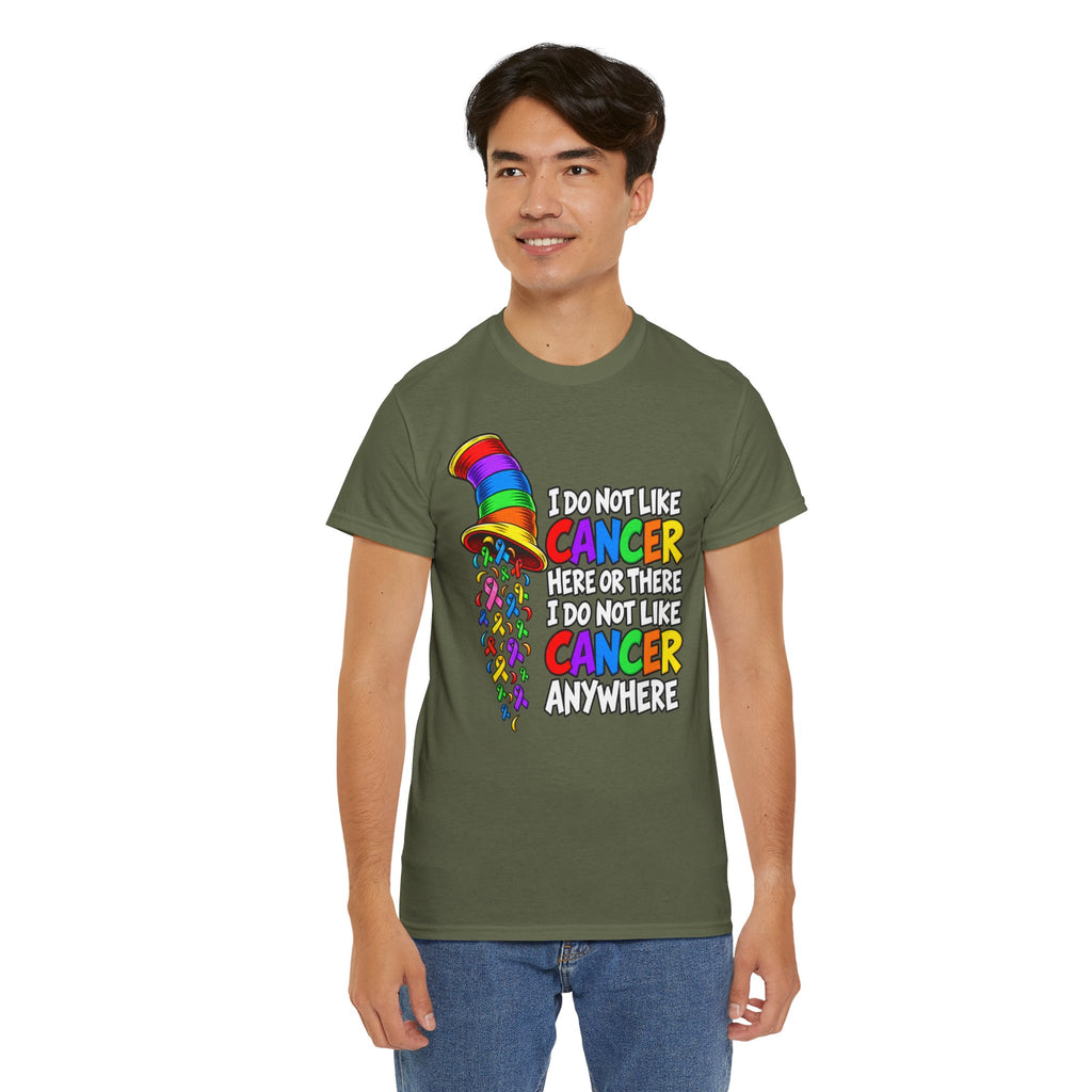 Cancer Awareness T-Shirt — “I Do Not Like Cancer Here or There” Rainbow Ribbon Tee