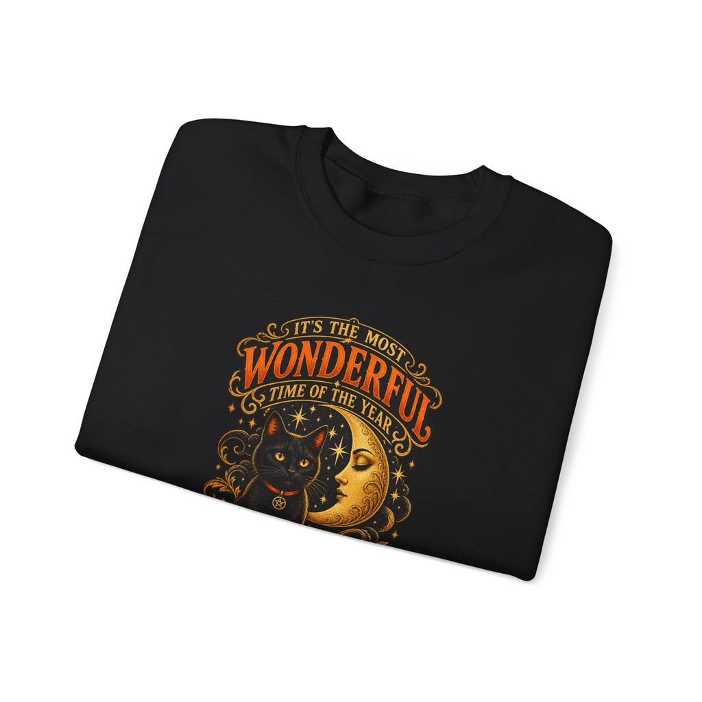 Vintage Halloween Sweatshirt - "It's the Most Wonderful Time of the Year" Black Cat & Moon Design