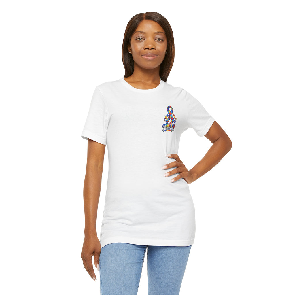 Autism Awareness Ribbon Chest Tee — 'Different, Not Less' Short Sleeve T-Shirt