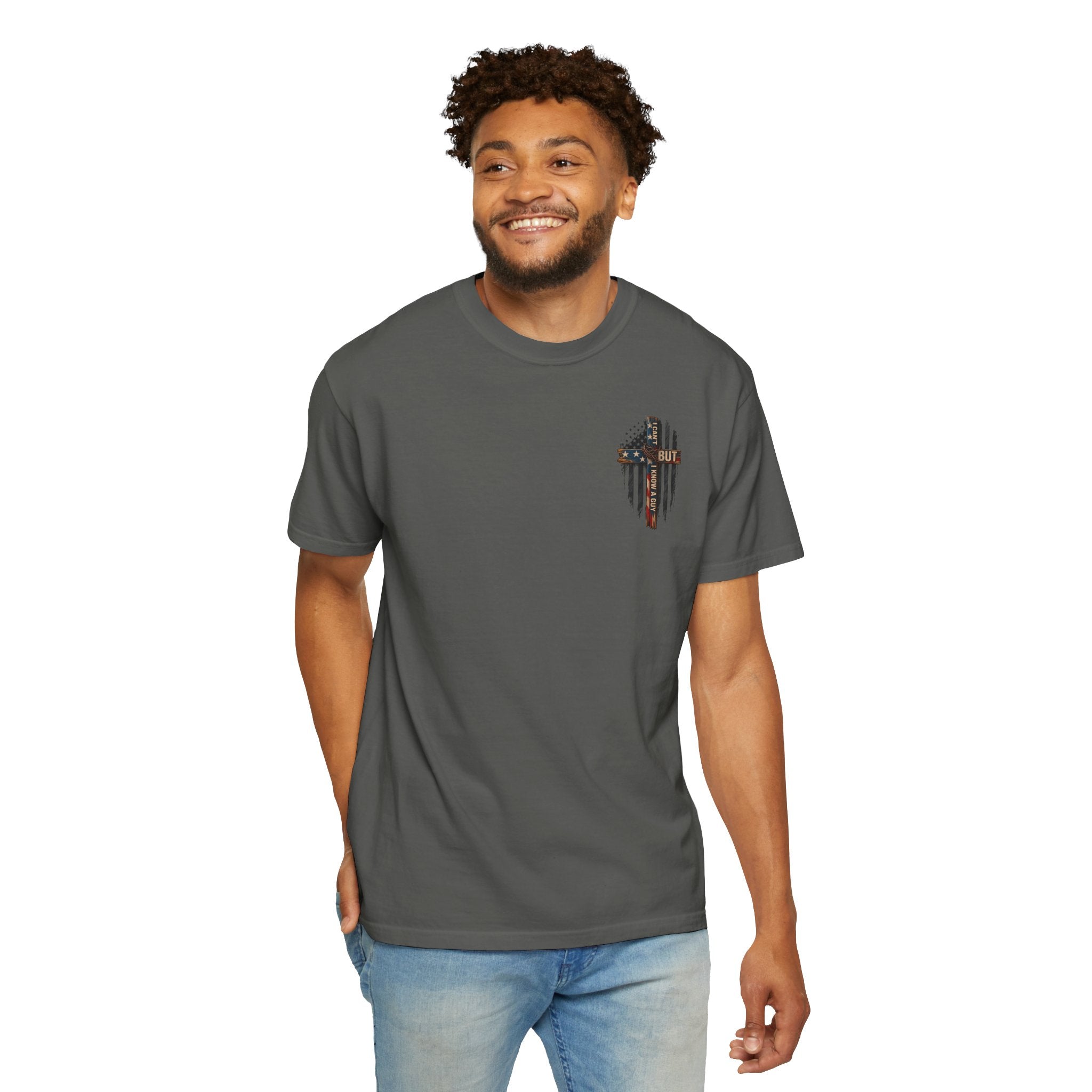 T-Shirt — 'I Can't But I Know A Guy' American Flag Cross Graphic