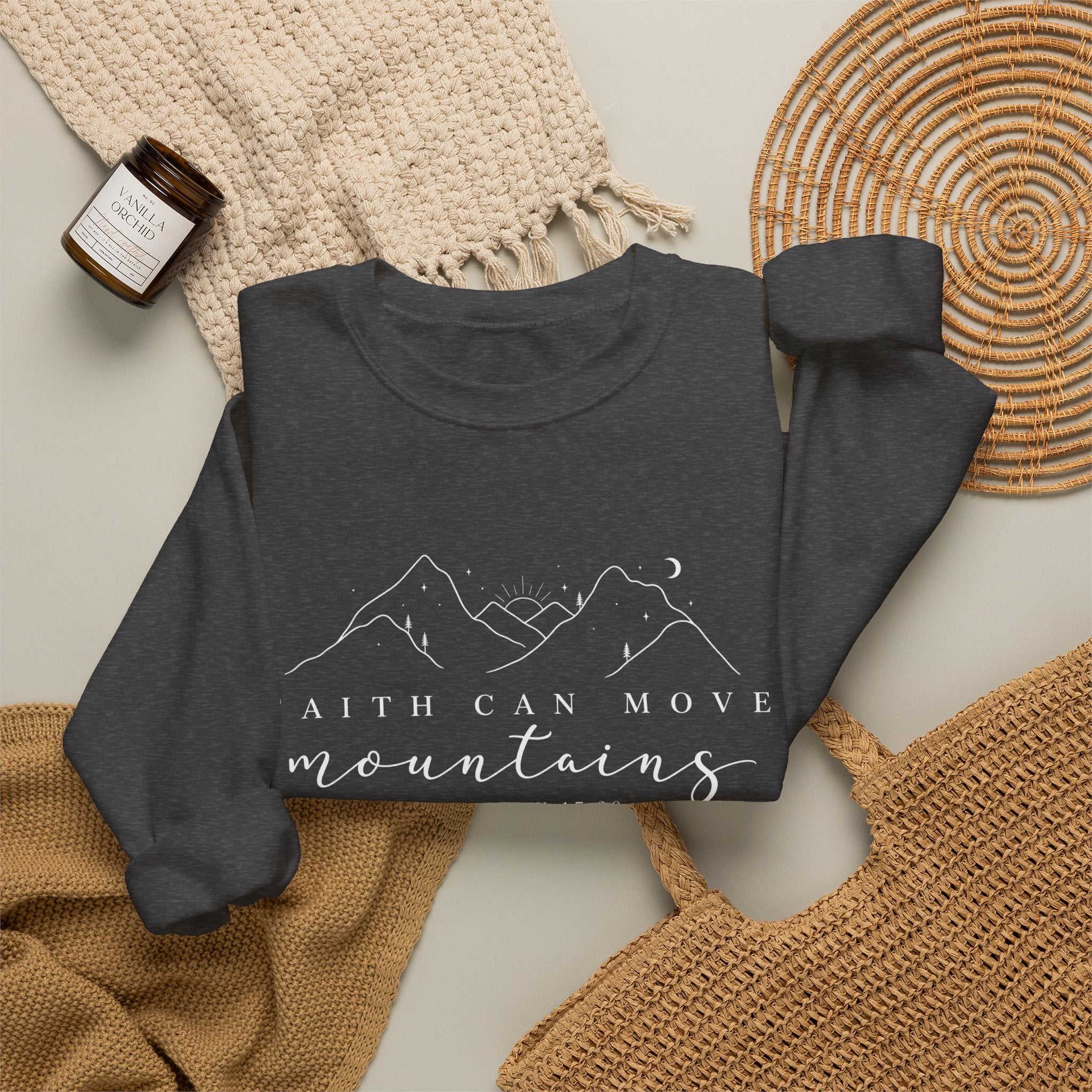 Faith Can Move Mountains Crewneck Sweatshirt — Matthew 17:20 Christian Mountain Design