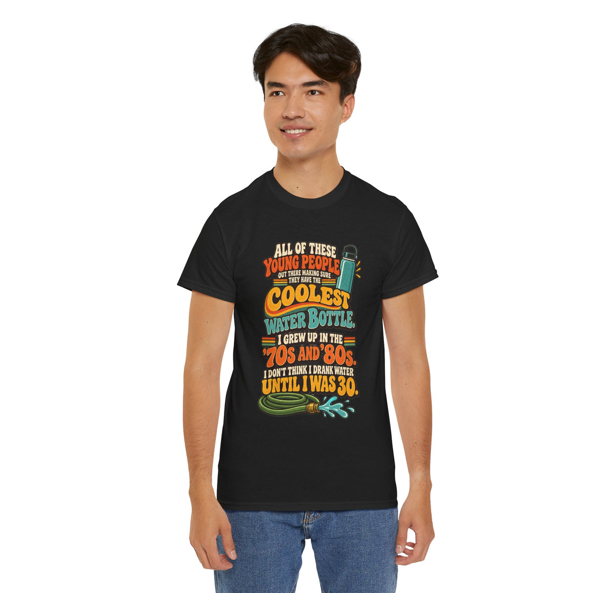 Retro 70s-80s Funny Water Bottle Tee — "Coolest Water Bottle" Graphic T-Shirt