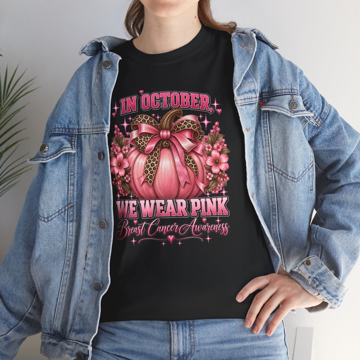 Breast Cancer Awareness T-Shirt — "In October We Wear Pink" Pumpkin Design