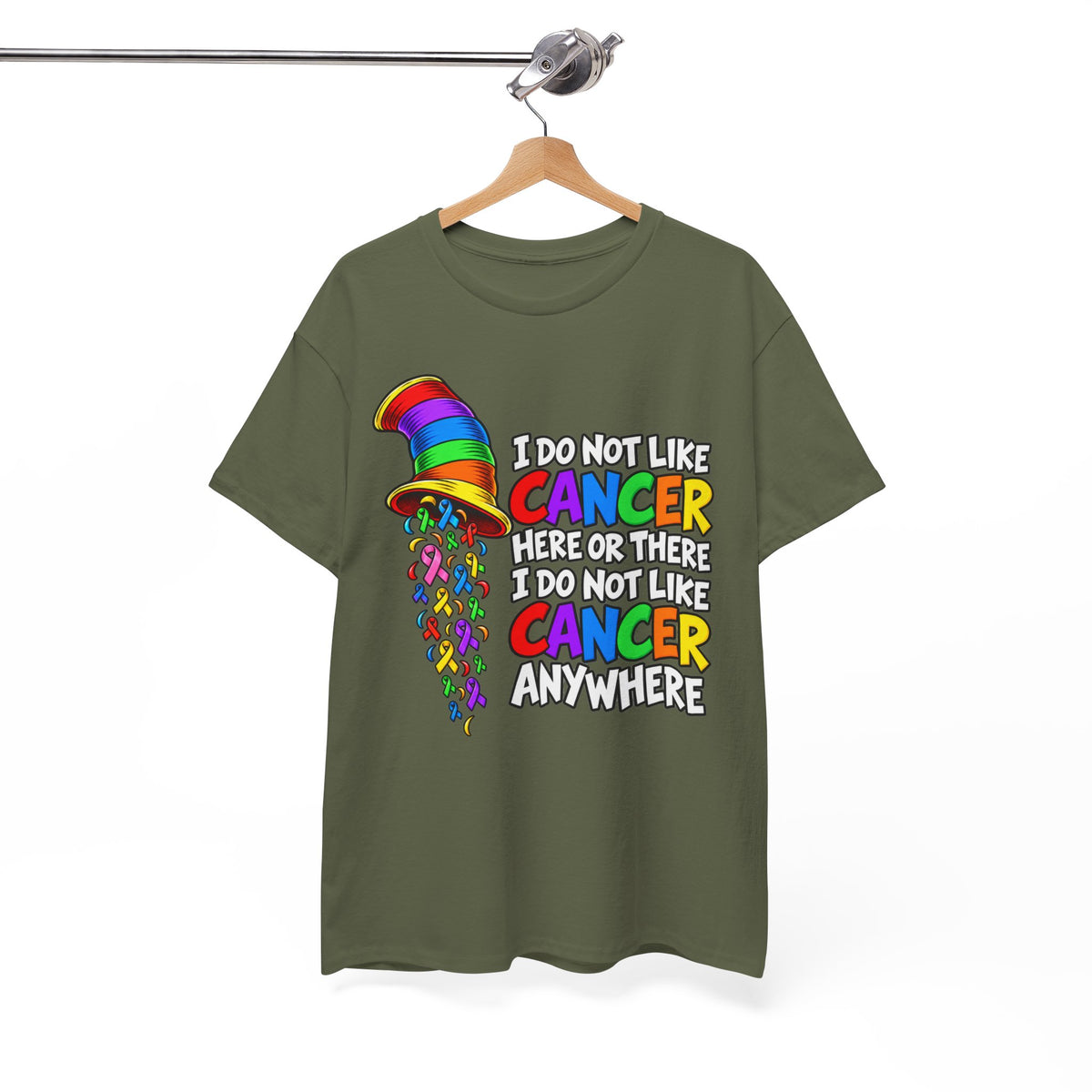 Cancer Awareness T-Shirt — “I Do Not Like Cancer Here or There” Rainbow Ribbon Tee