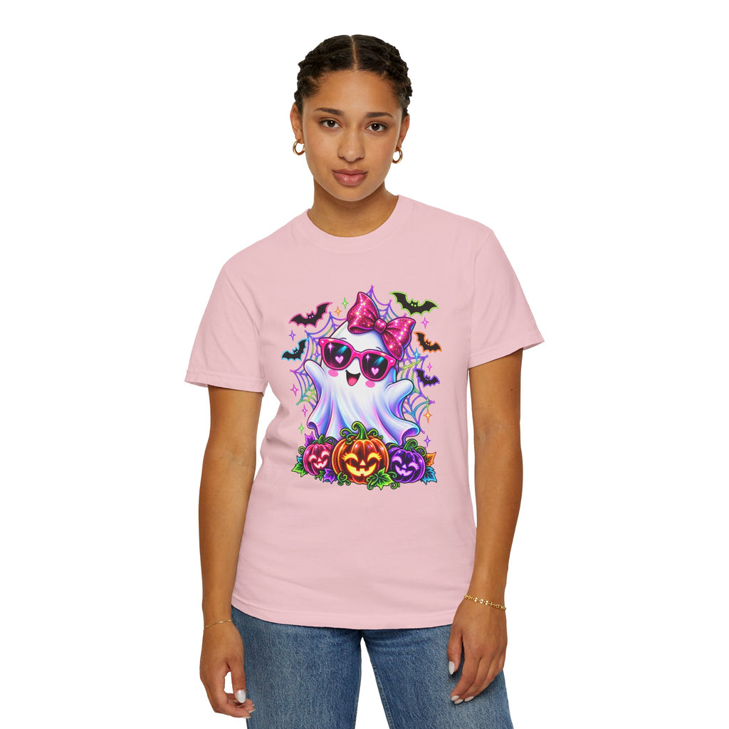 Cute Halloween Ghost T-Shirt — Pink Bow Ghost with Sunglasses & Pumpkins