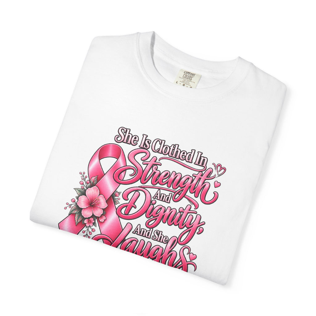 Breast Cancer Awareness T-Shirt — "She is Clothed in Strength" Pink Ribbon Tee