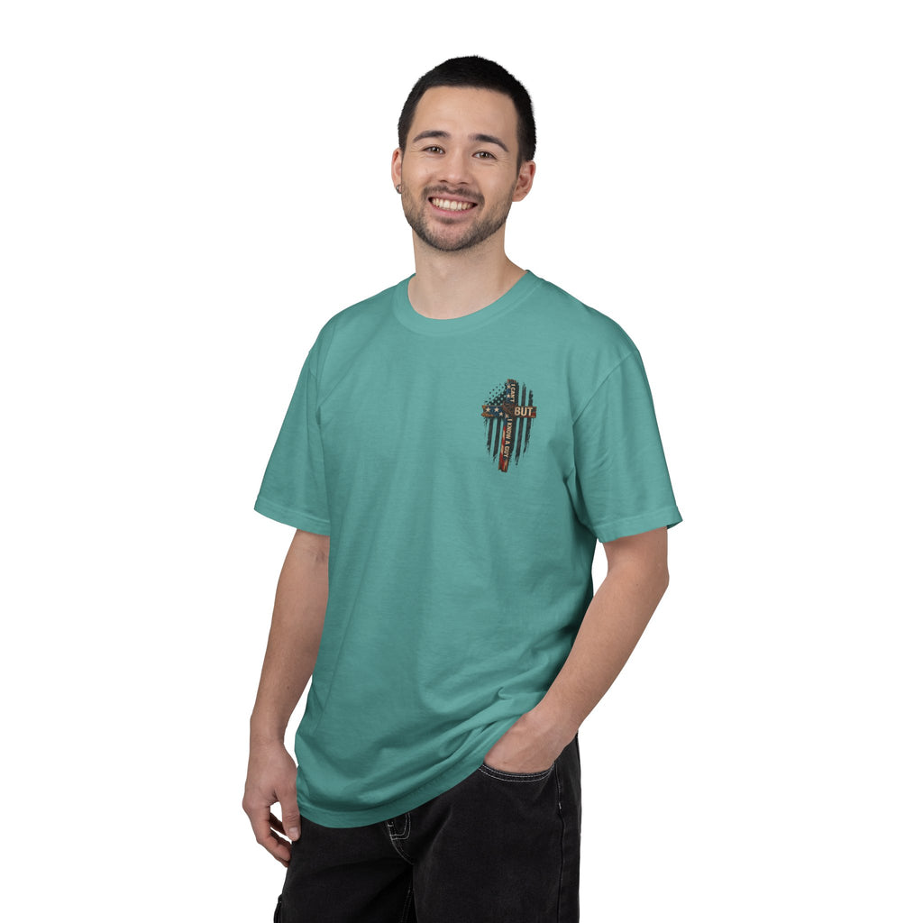 T-Shirt — 'I Can't But I Know A Guy' American Flag Cross Graphic