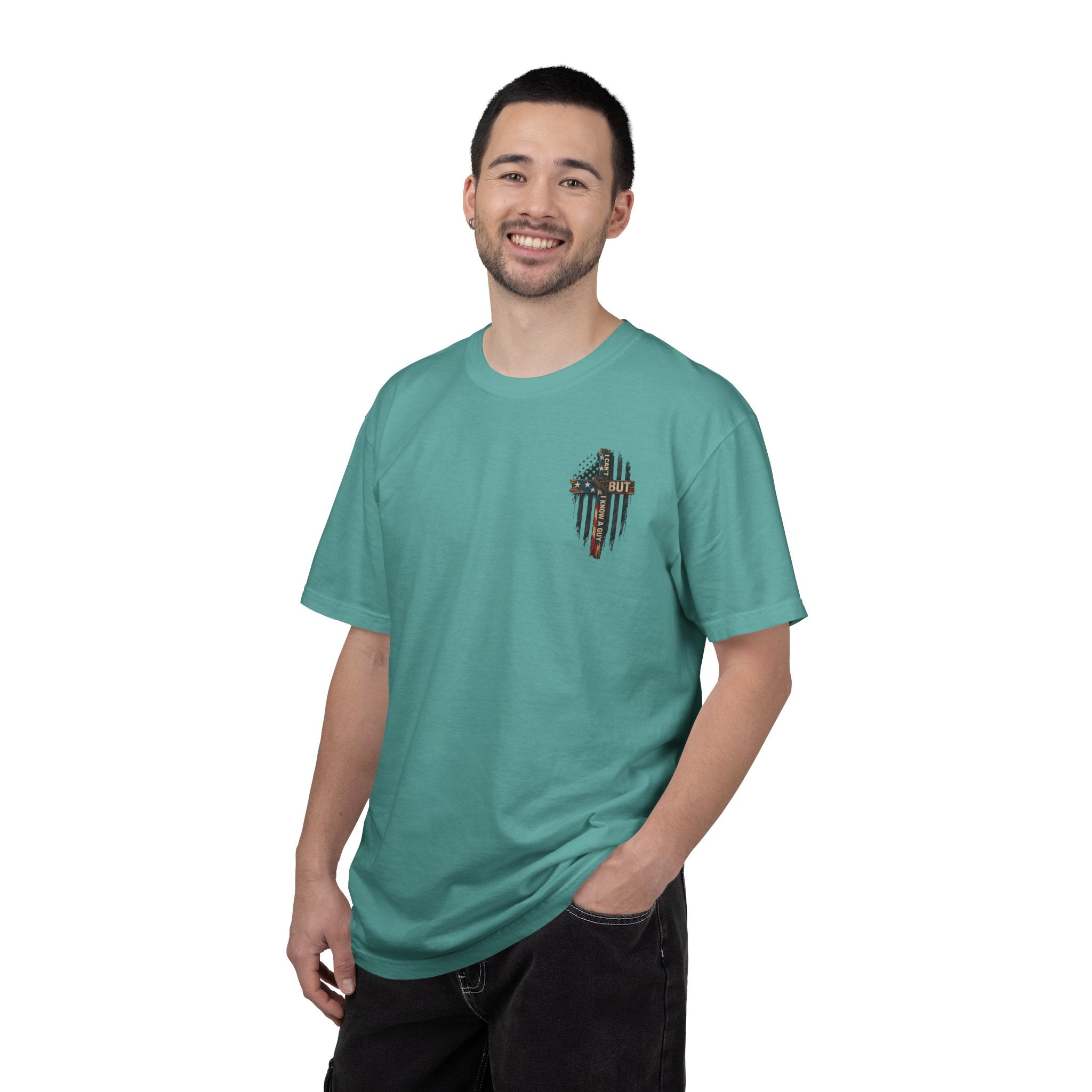 T-Shirt — 'I Can't But I Know A Guy' American Flag Cross Graphic