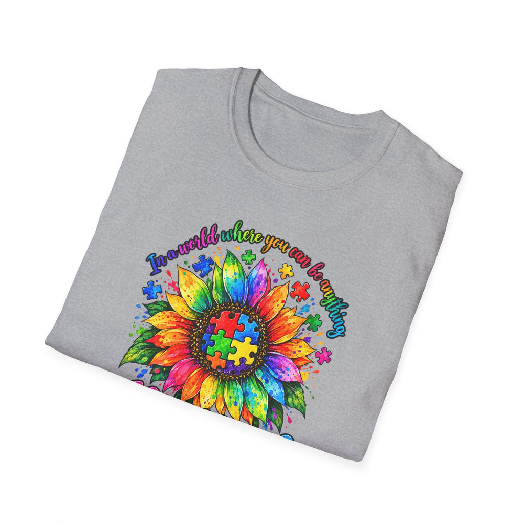 Autism Awareness Sunflower T-Shirt — 'Be Kind' Rainbow Puzzle Design