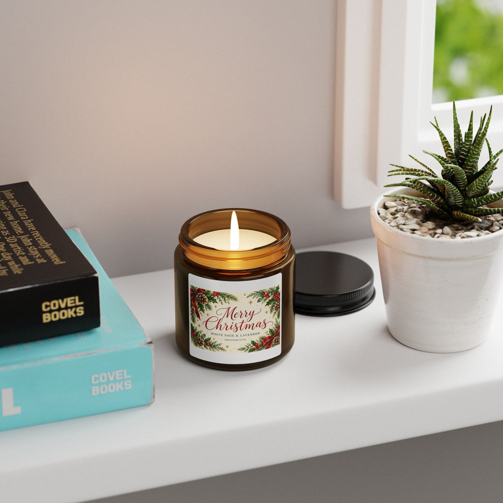 Merry Christmas White Sage and Lavender Scented Soy Candle – Festive Holiday Gift