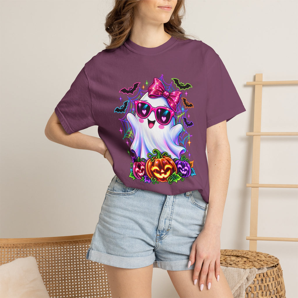 Cute Halloween Ghost T-Shirt — Pink Bow Ghost with Sunglasses & Pumpkins