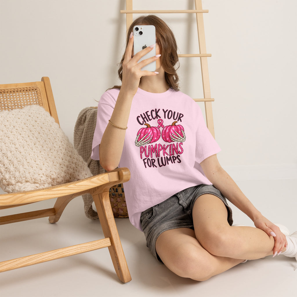 Breast Cancer Awareness T-Shirt — "Check Your Pumpkins for Lumps" Pink Ribbon Tee
