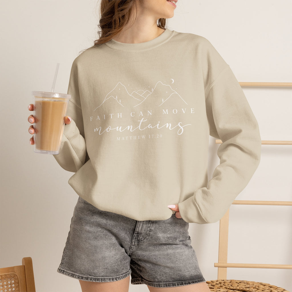 Faith Can Move Mountains Crewneck Sweatshirt — Matthew 17:20 Christian Mountain Design