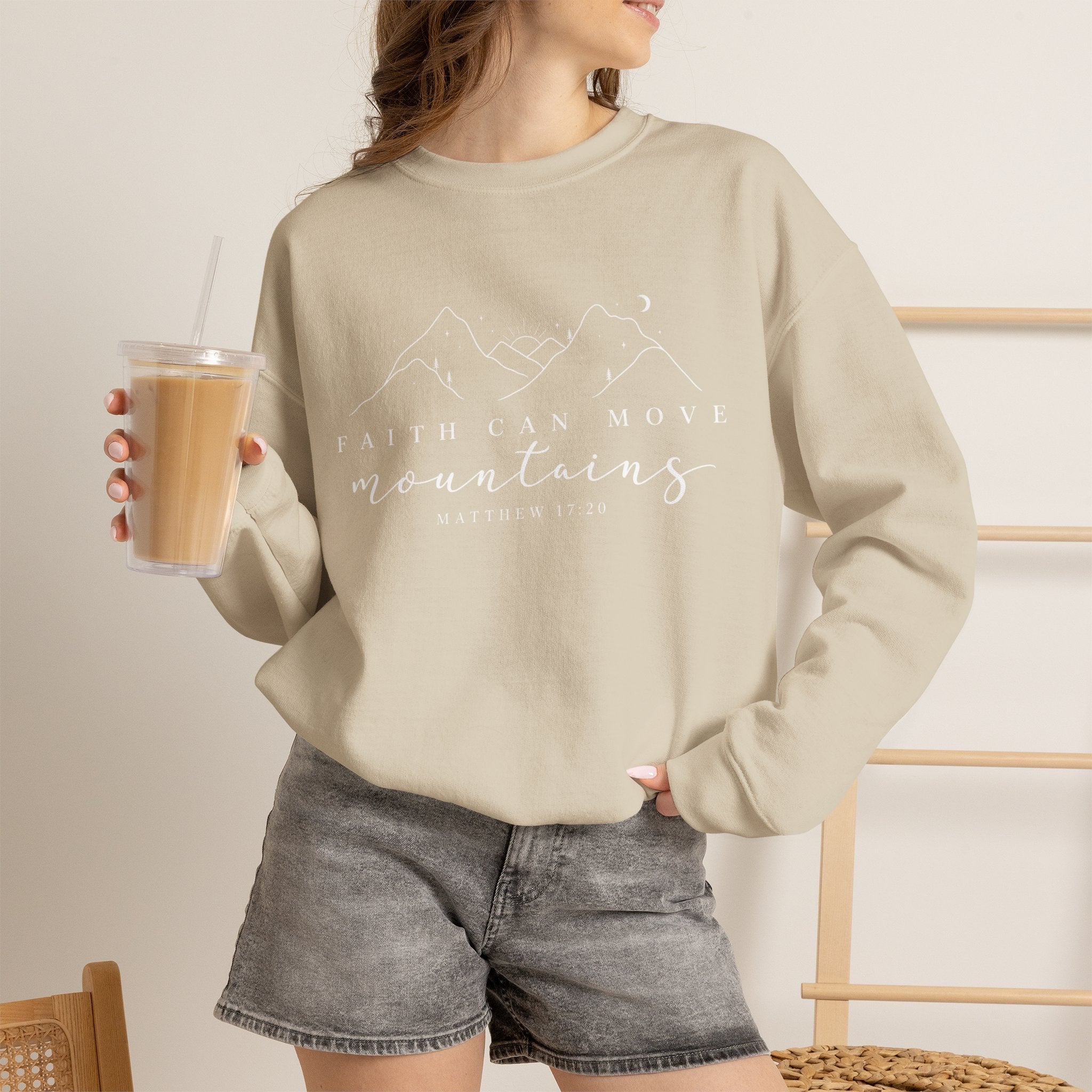 Faith Can Move Mountains Crewneck Sweatshirt — Matthew 17:20 Christian Mountain Design