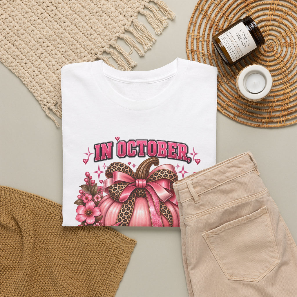 Breast Cancer Awareness T-Shirt — "In October We Wear Pink" Pumpkin Design