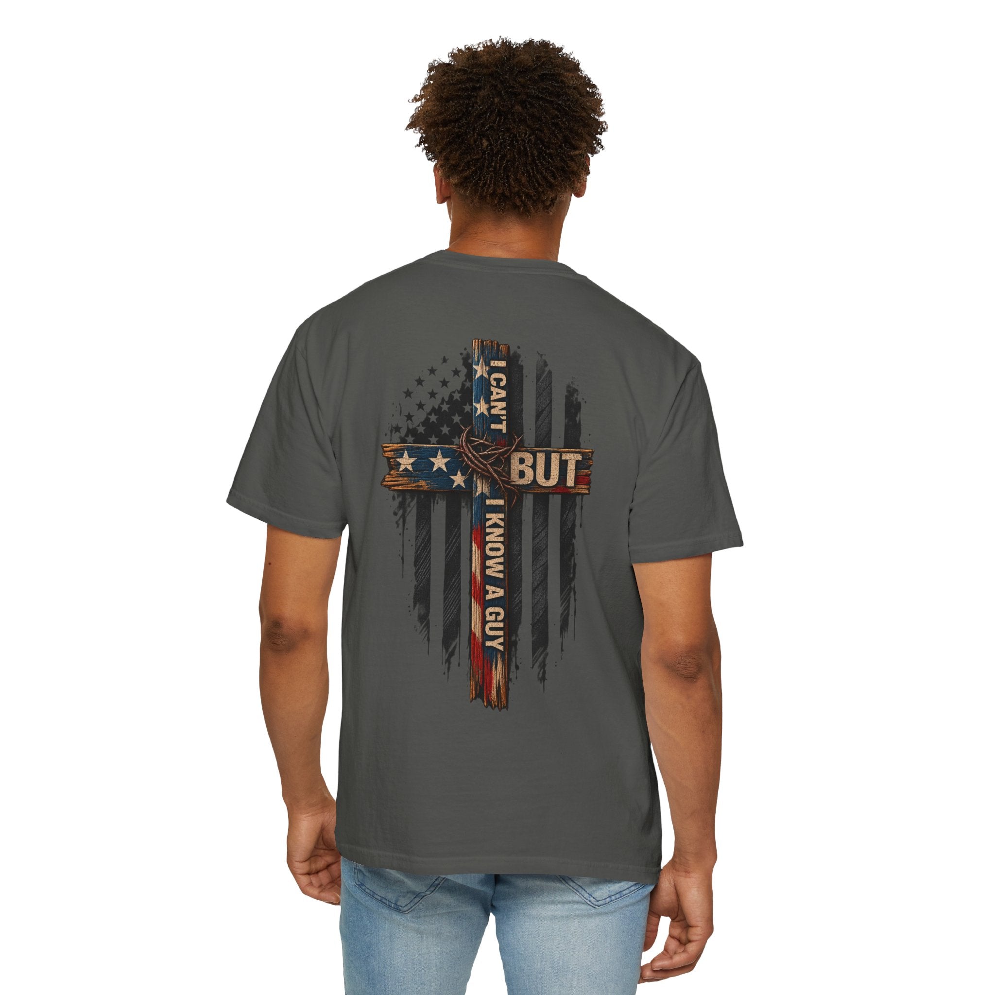 T-Shirt — 'I Can't But I Know A Guy' American Flag Cross Graphic