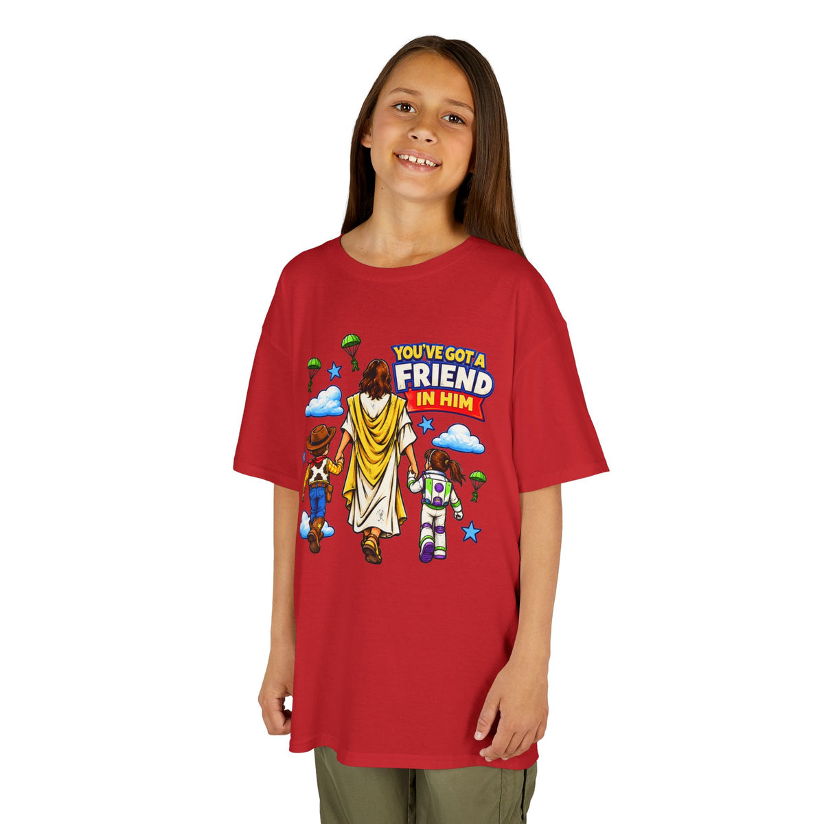 Kids Tee — "You've Gotta Friend in Him" Inspirational Jesus & Toy Friends Graphic