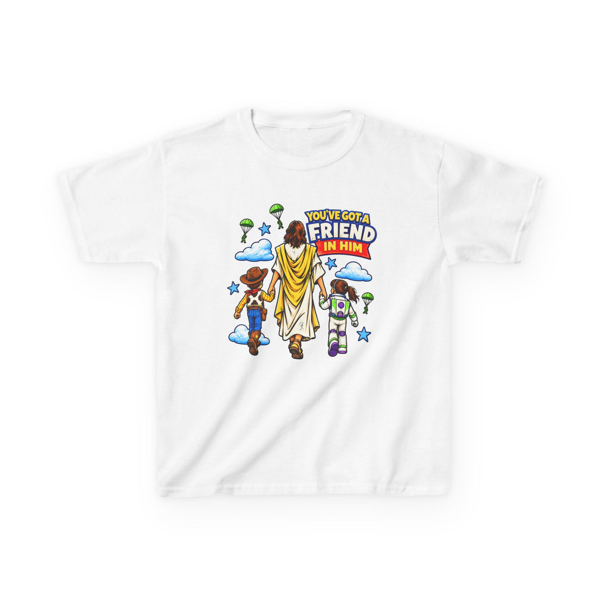 Kids Tee — "You've Gotta Friend in Him" Inspirational Jesus & Toy Friends Graphic