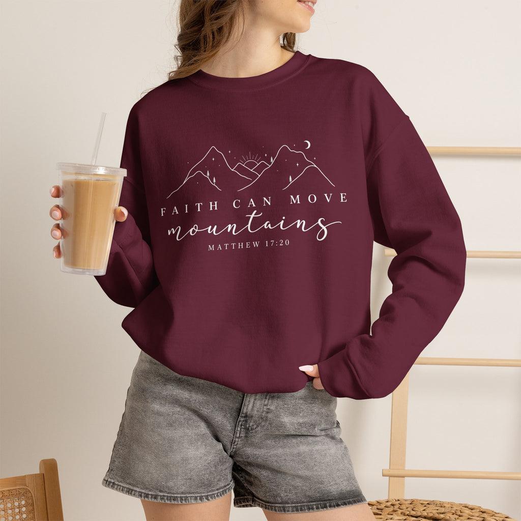 Faith Can Move Mountains Crewneck Sweatshirt — Matthew 17:20 Christian Mountain Design