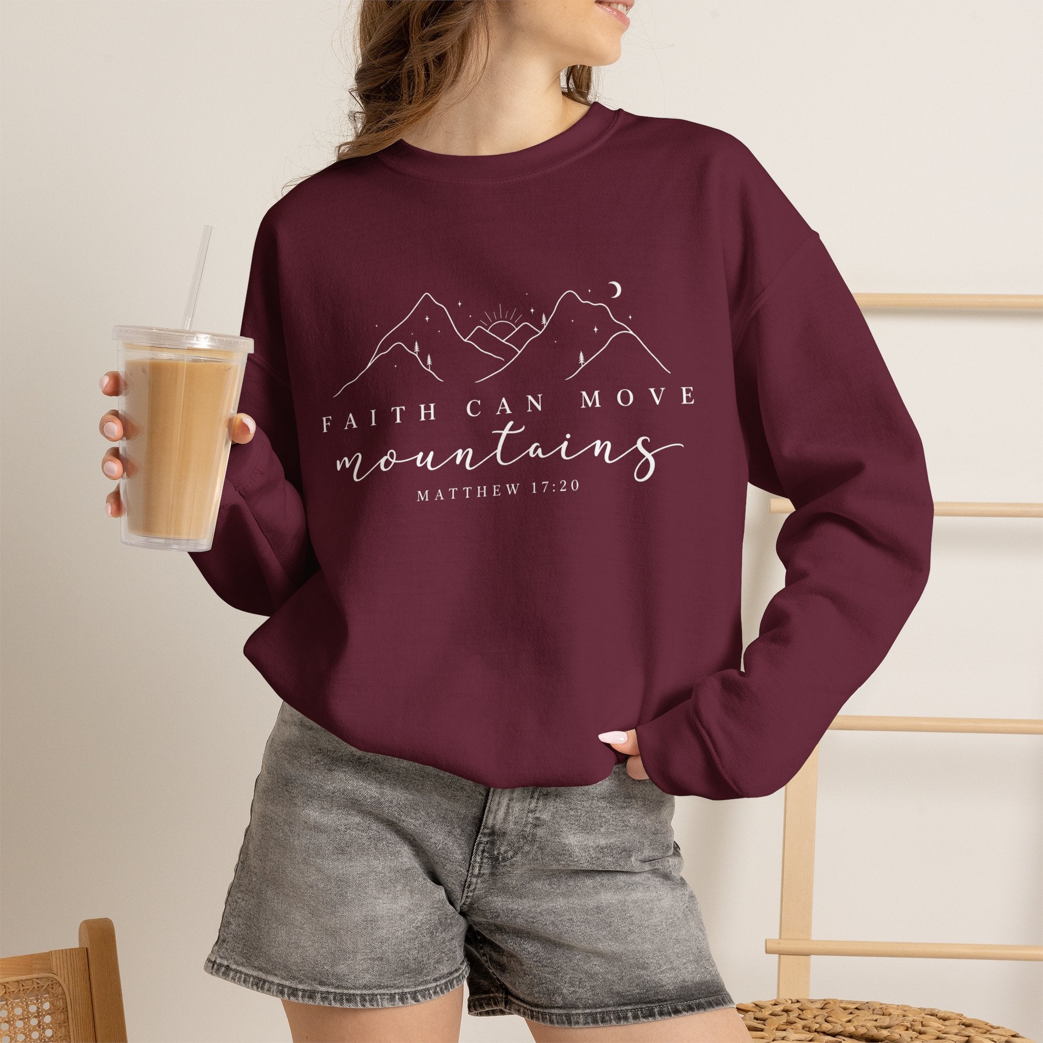 Faith Can Move Mountains Crewneck Sweatshirt — Matthew 17:20 Christian Mountain Design