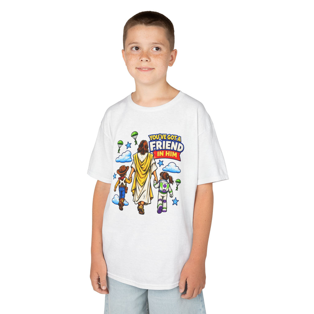 Kids Tee — "You've Gotta Friend in Him" Inspirational Jesus & Toy Friends Graphic