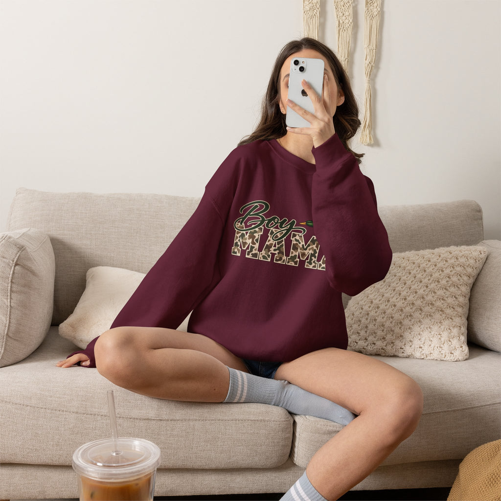 Boy Mama Crewneck Sweatshirt — Camo Lettering with Flying Duck