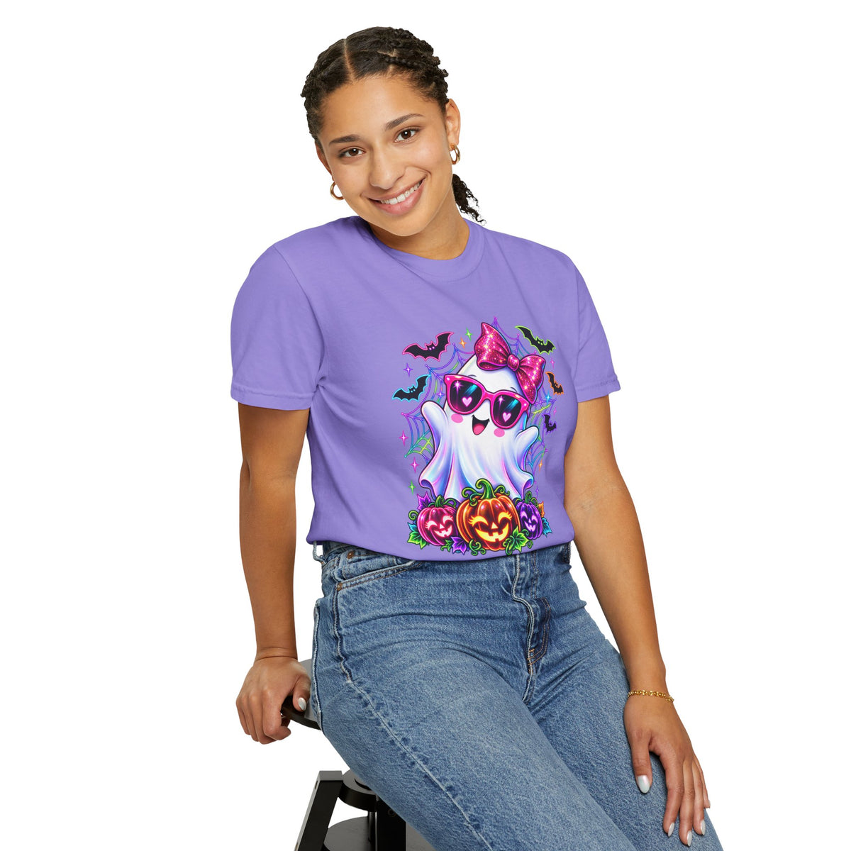 Cute Halloween Ghost T-Shirt — Pink Bow Ghost with Sunglasses & Pumpkins