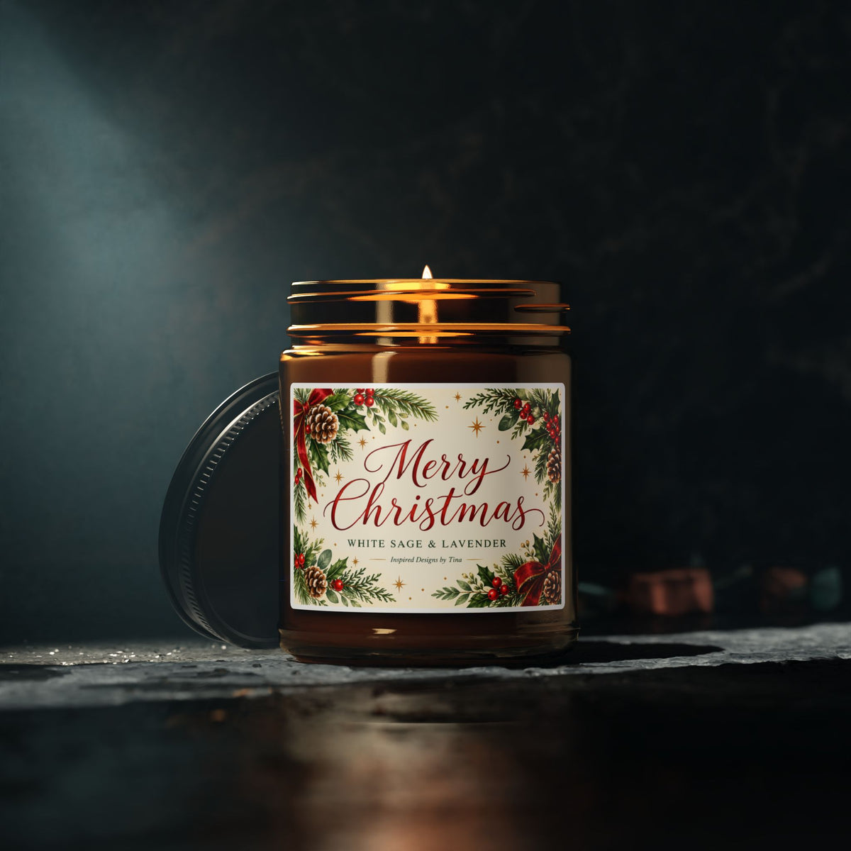 Merry Christmas White Sage and Lavender Scented Soy Candle – Festive Holiday Gift