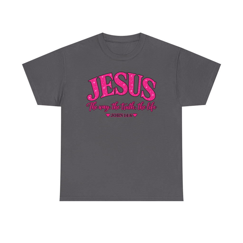 Christian T-Shirt — "JESUS The way, the truth, the life" (John 14:6) Pink Vintage Script